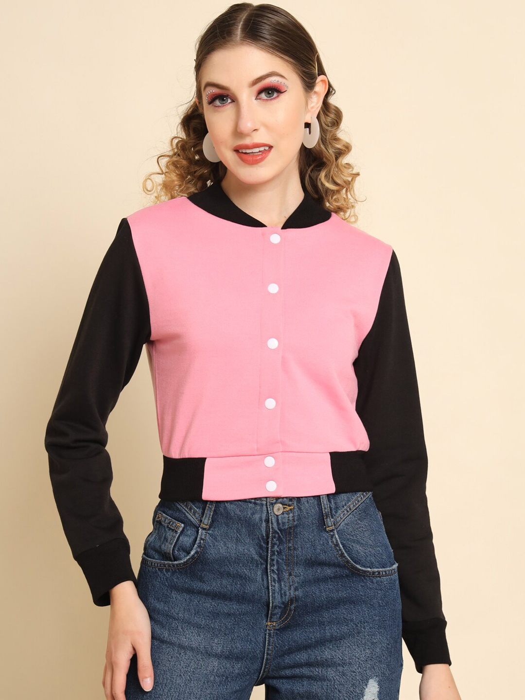 

Darzi Women Colourblocked Fleece Bomber Jacket, Pink