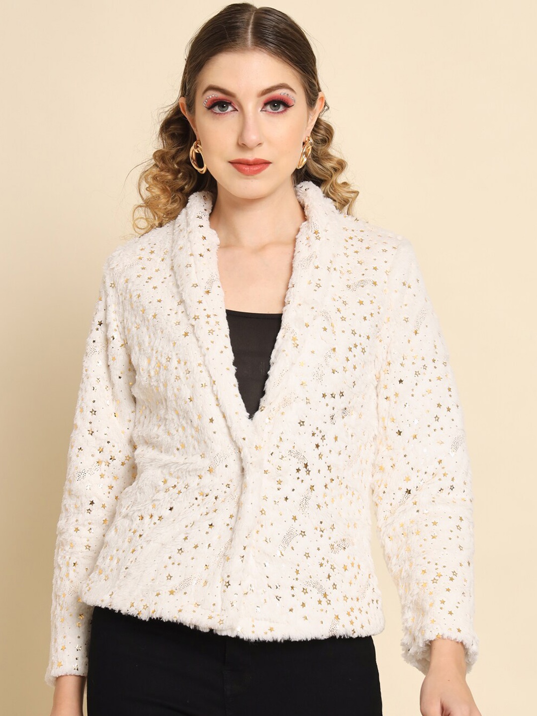 

Darzi Women Conversational Printed Faux Fur Trim Tailored Jacket, White