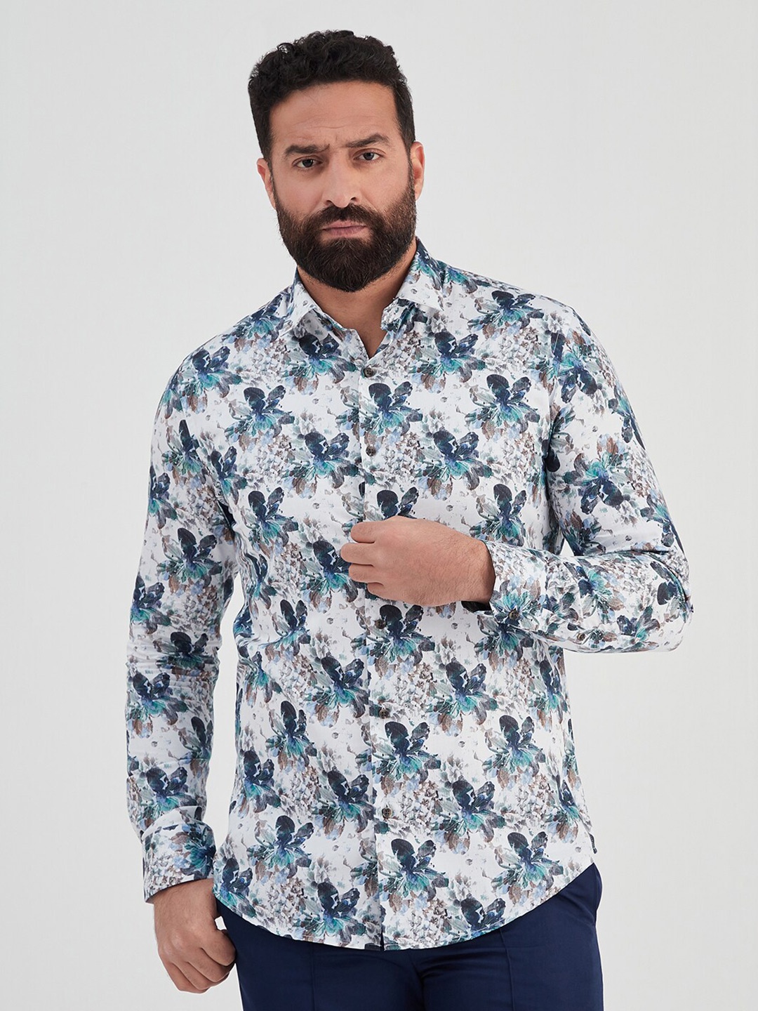 

MR BUTTON Men Slim Fit Floral Printed Casual Cotton Shirt, White