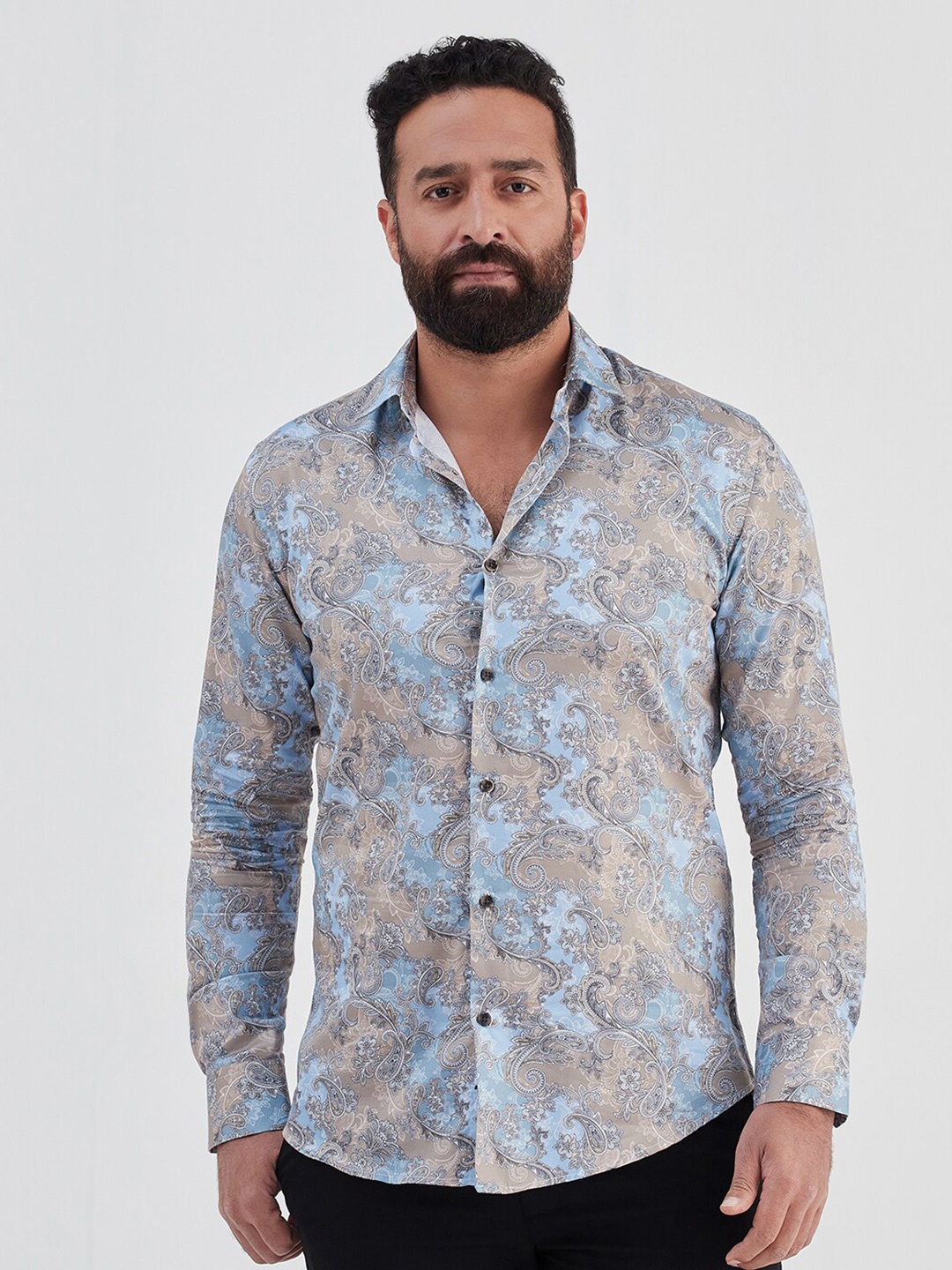 

MR BUTTON Men Slim Fit Floral Printed Casual Cotton Shirt, Blue