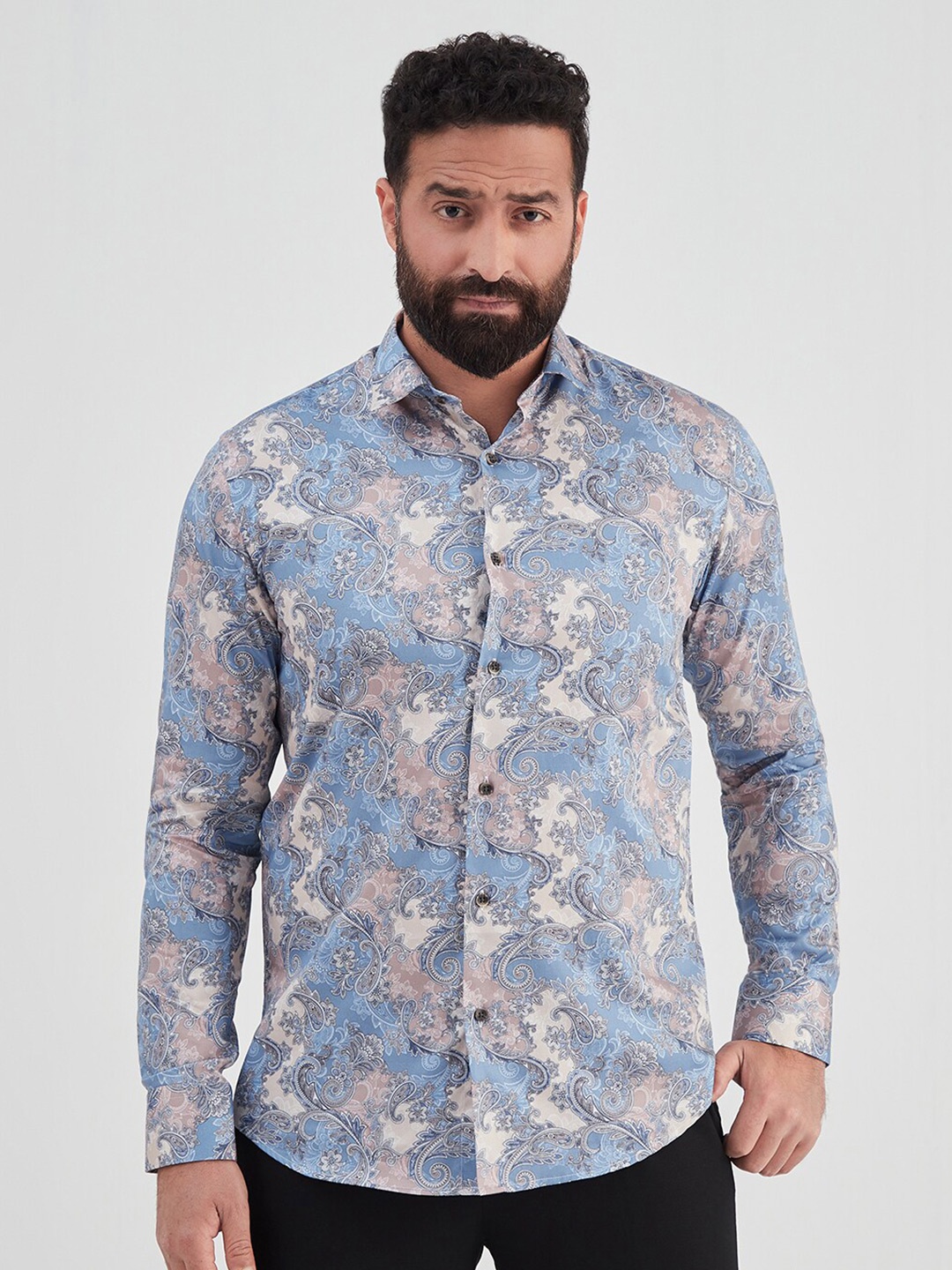 

MR BUTTON Men Slim Fit Floral Printed Casual Cotton Shirt, Blue