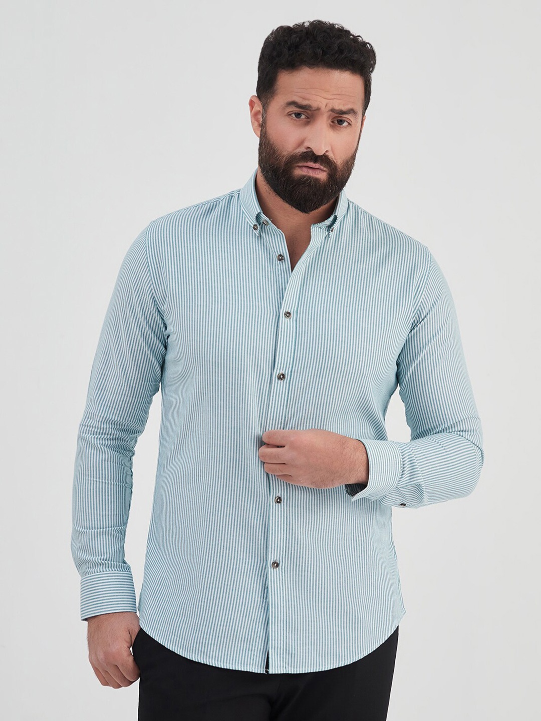 

MR BUTTON Men Slim Fit Striped Casual Cotton Shirt, Green