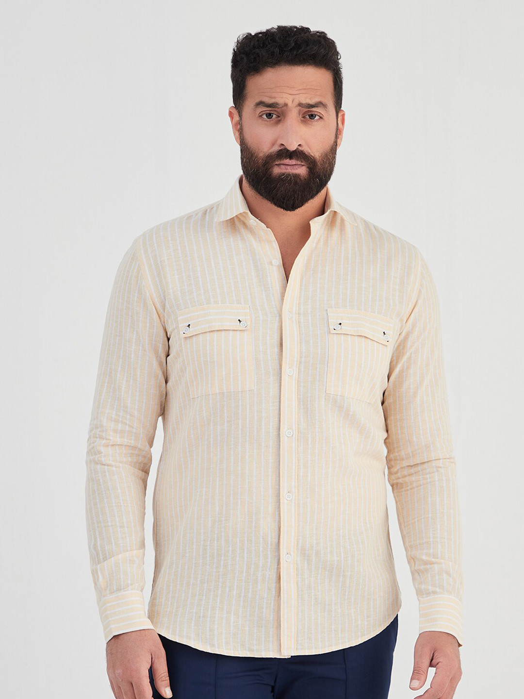 

MR BUTTON Men Slim Fit Striped Casual Cotton Shirt, Cream