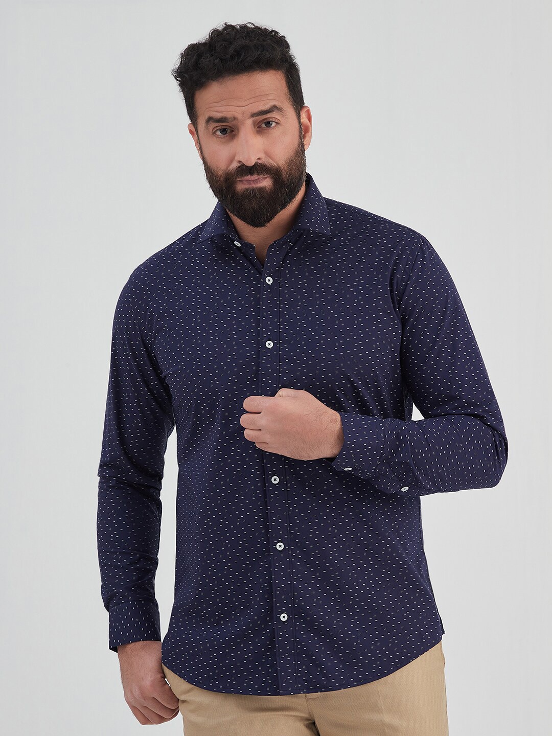 

MR BUTTON Men Slim Fit Printed Casual Cotton Shirt, Navy blue