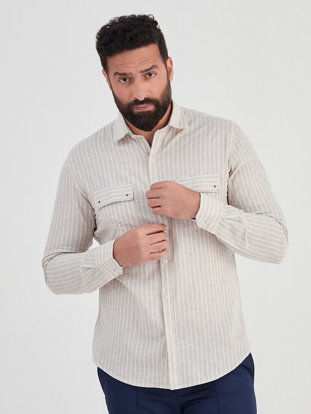 

MR BUTTON Men Slim Fit Vertical Striped Casual Shirt, Beige