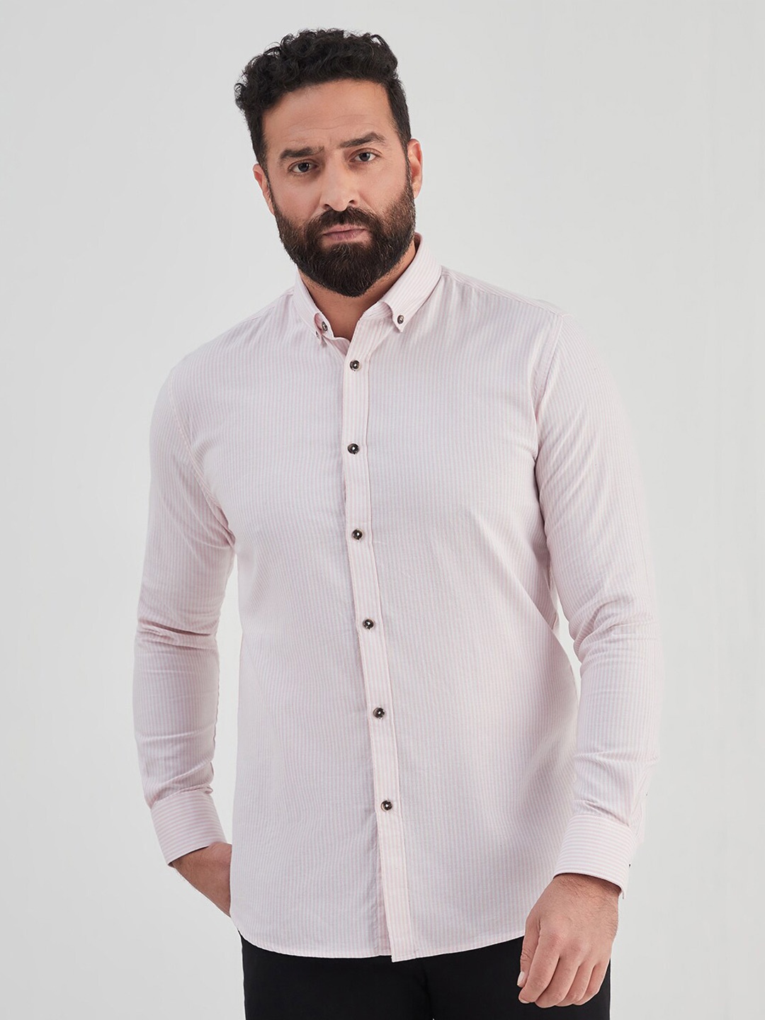 

MR BUTTON Men Slim Fit Striped Cotton Shirt, Pink