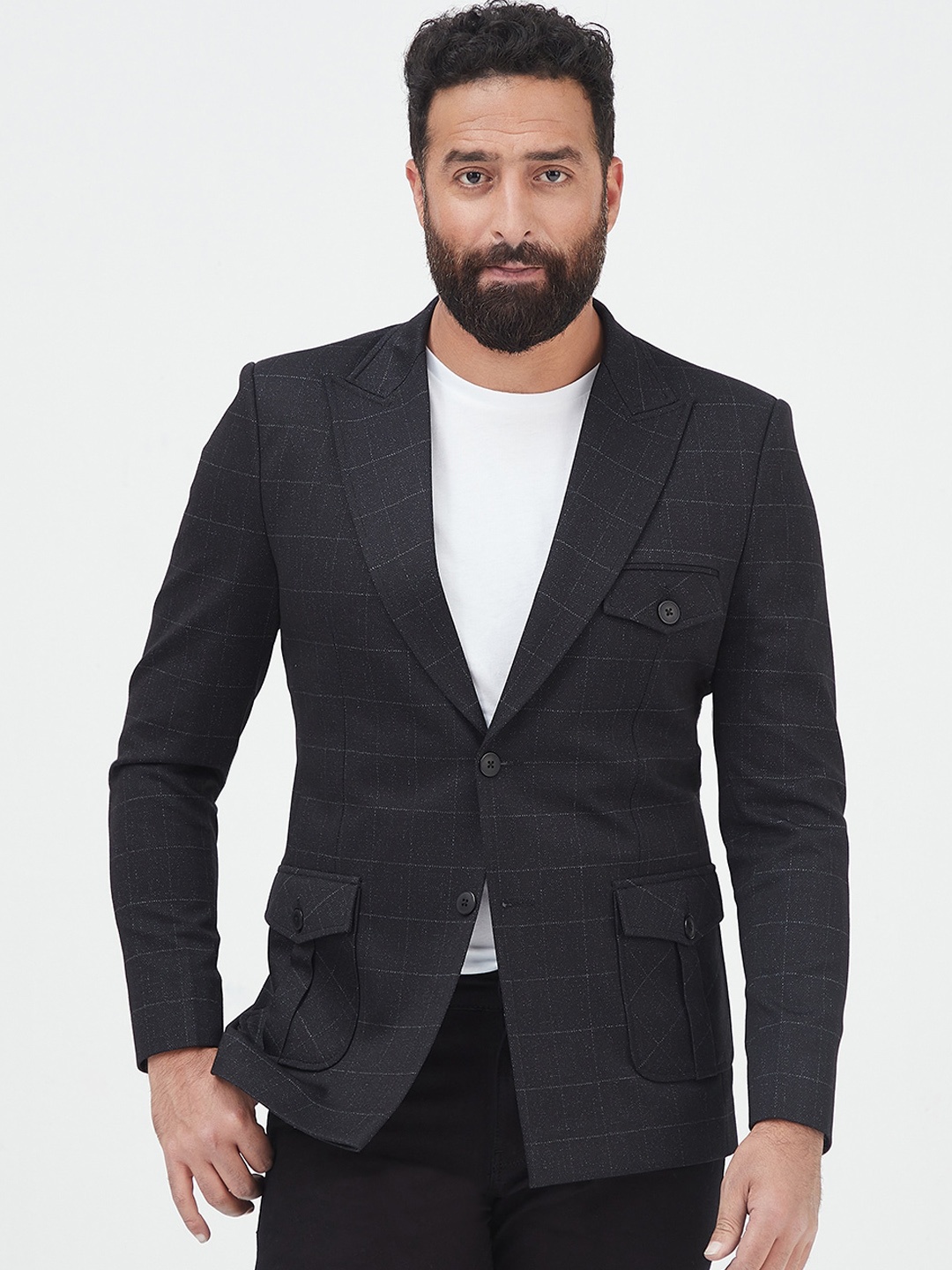 

MR BUTTON Men Checked Single-Breasted Casual Blazer, Charcoal