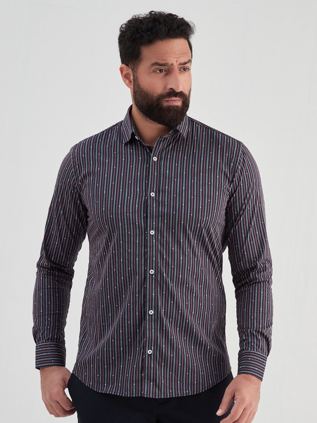 

MR BUTTON Men Slim Fit Striped Casual Cotton Shirt, Navy blue