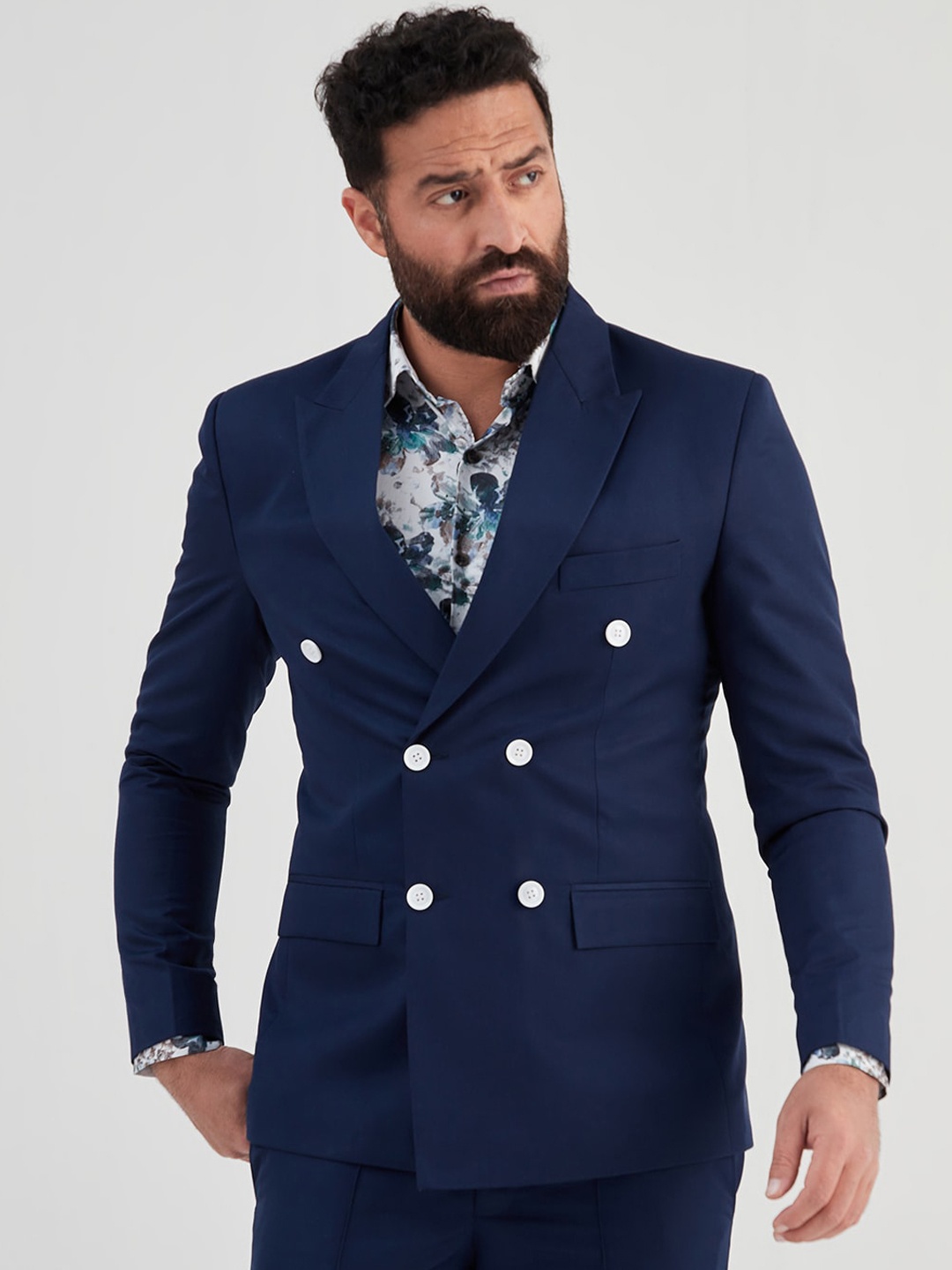 

MR BUTTON Men Double-Breasted Slim-Fit Casual Blazer, Navy blue