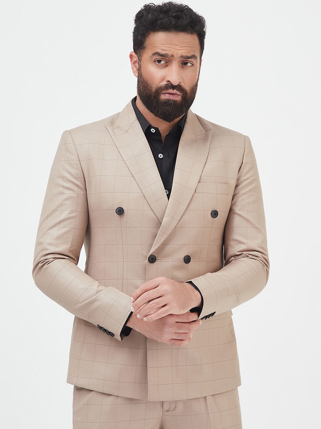 

MR BUTTON Men Checked Double-Breasted Slim-Fit Blazer, Beige