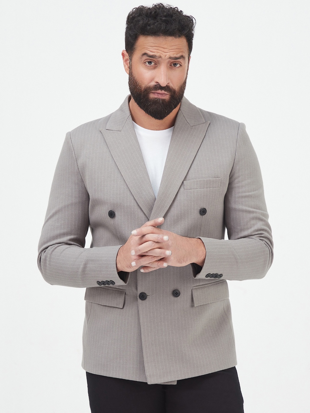 

MR BUTTON Men Striped Double-Breasted Casual Blazer, Grey