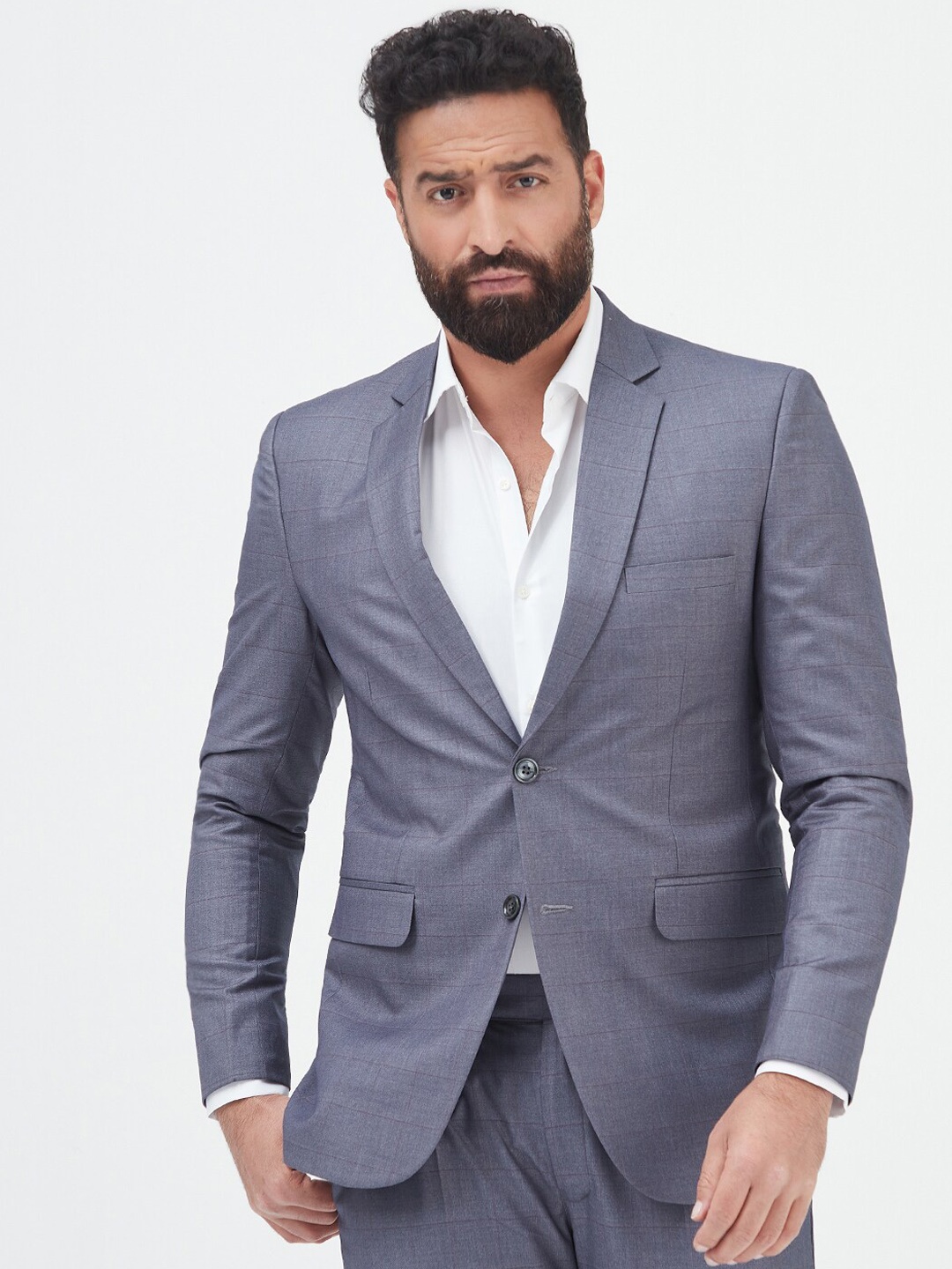 

MR BUTTON Men Checked Slim Fit Single-Breasted Formal Blazer, Grey