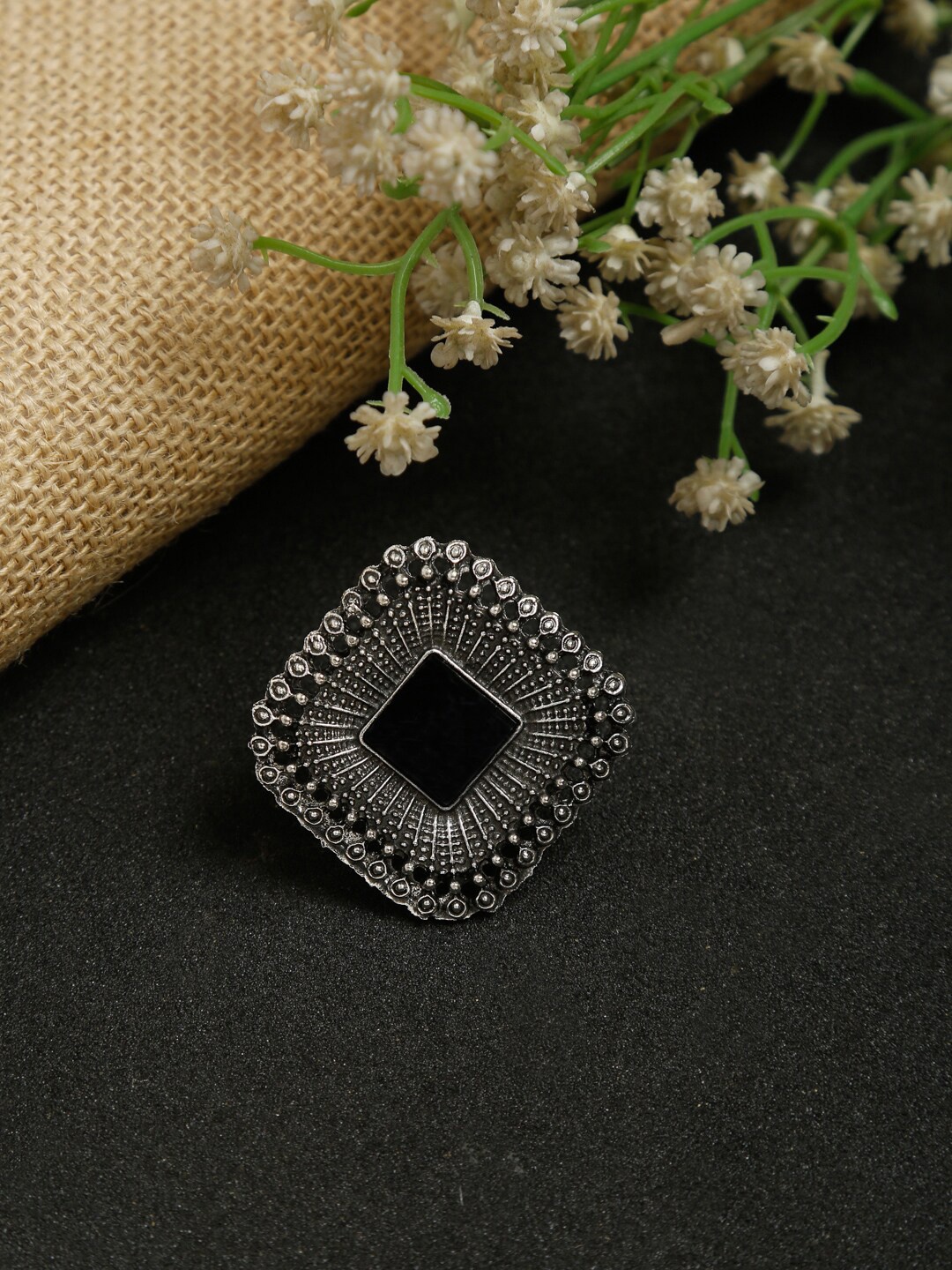 

Dhrohar Rhodium-Plated Textured Oxidised Statement Ring, Silver