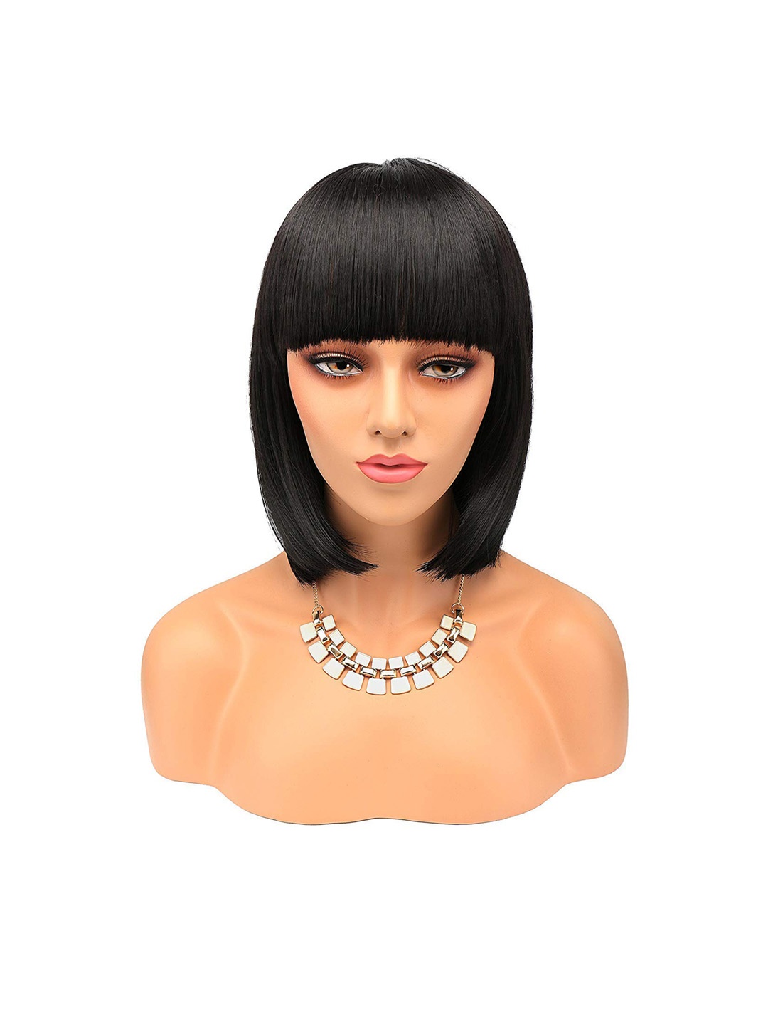 

CHRONEX Short Straight Bob Hair Wigs With Flat Bangs Synthetic, Black