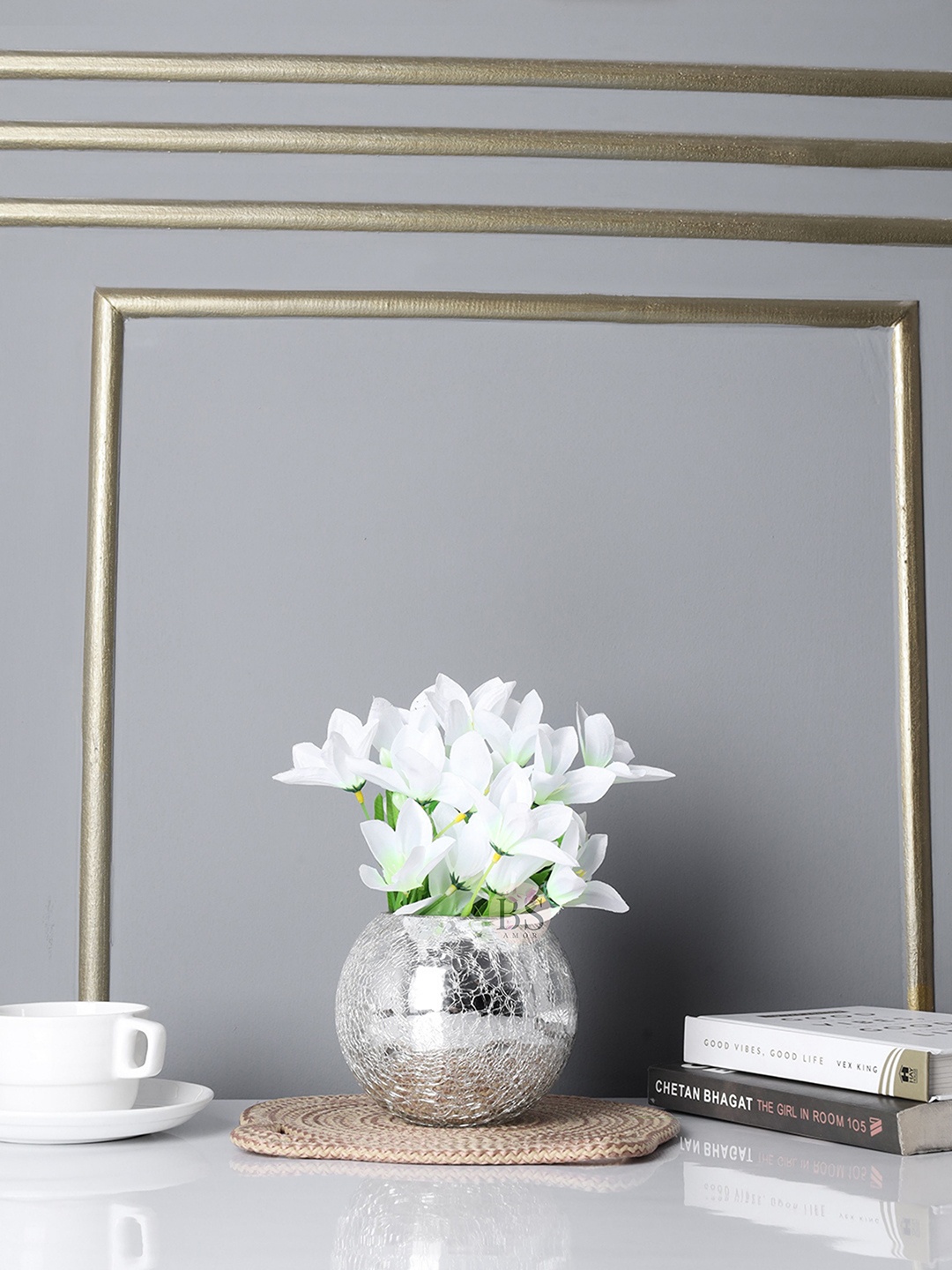 

BS AMOR White Lily & Bonsai Artificial Flowers Bunch With Glass Vase