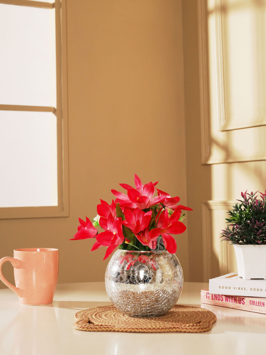 

BS AMOR Pink Lily & Bonsai Artificial Flowers With Glass Vase