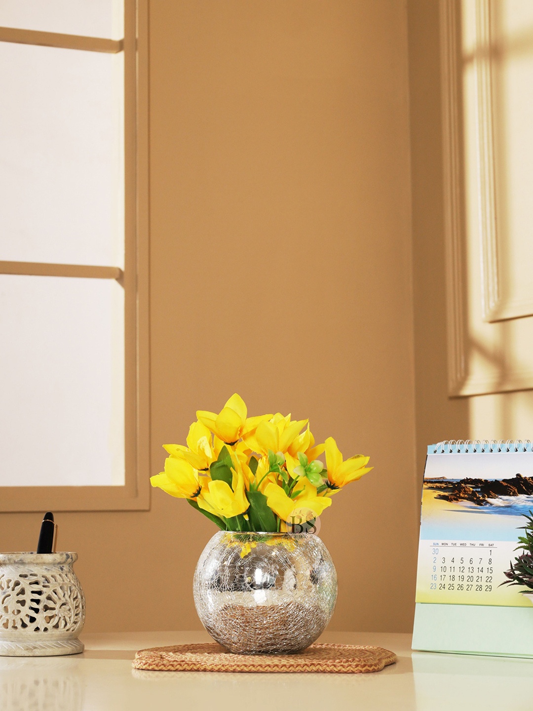 

BS AMOR Yellow & Green Lily Artificial Flowers With Glass Pot