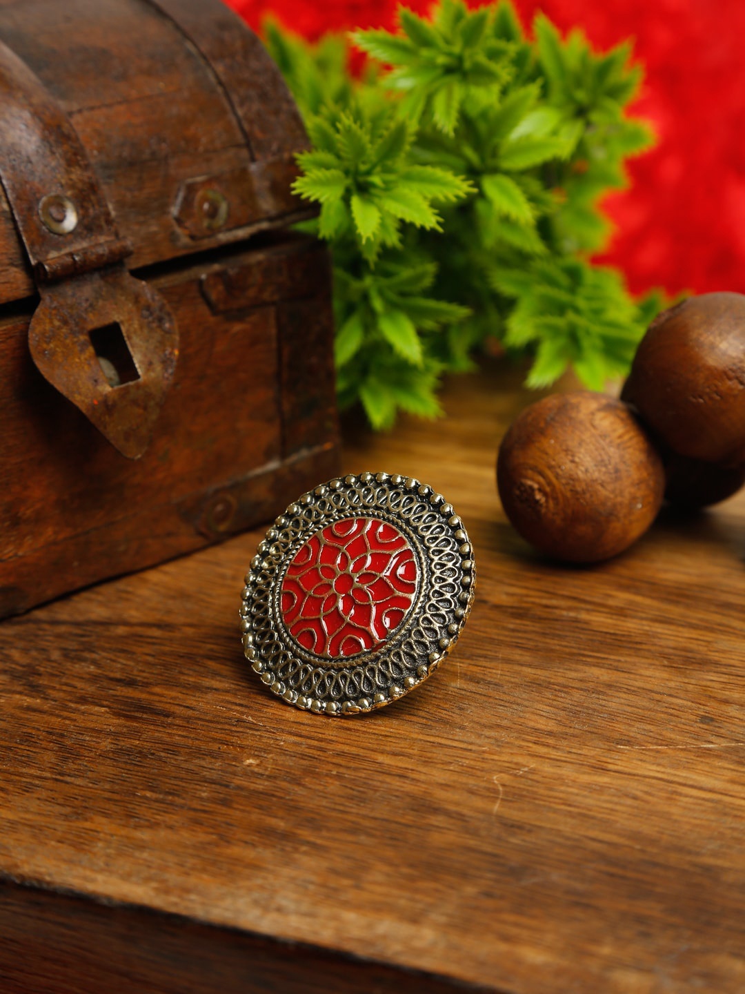 

Dhrohar Gold-Toned Oxidised Textured Finger Ring, Red