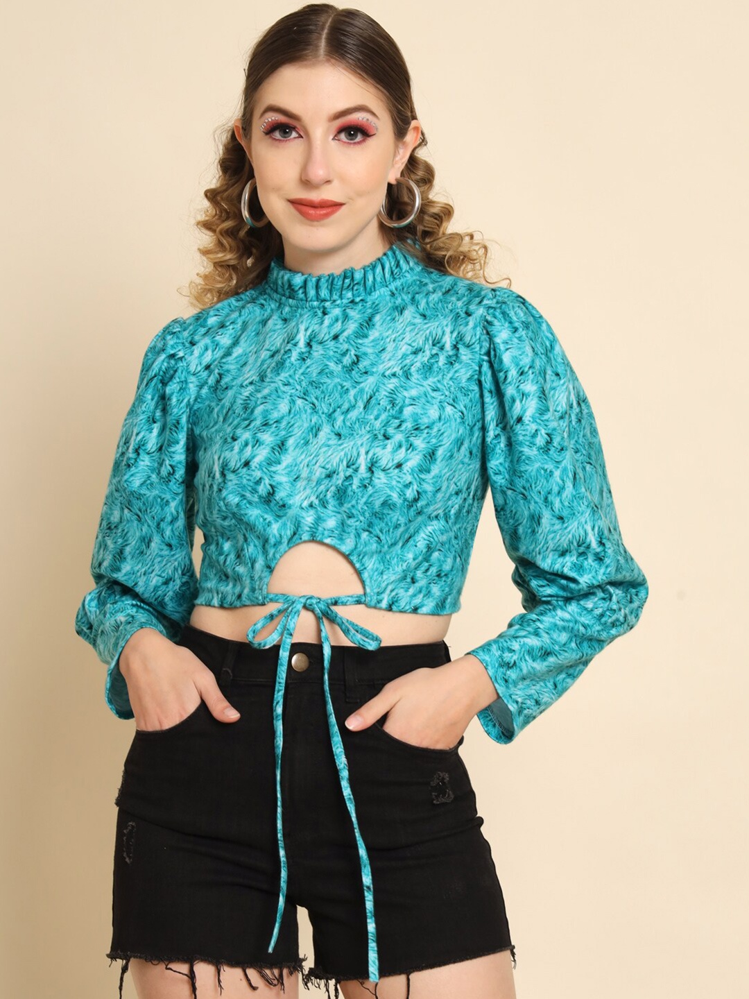 

Darzi Print High Neck Puff Sleeved Crop Top, Blue