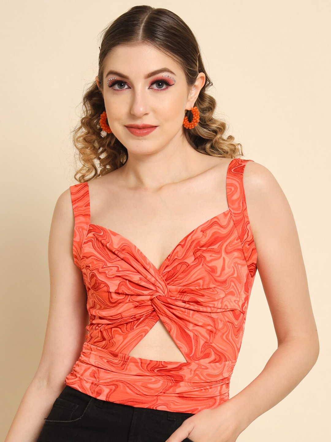 

Darzi Print Sweetheart Neck Crop Top, Orange