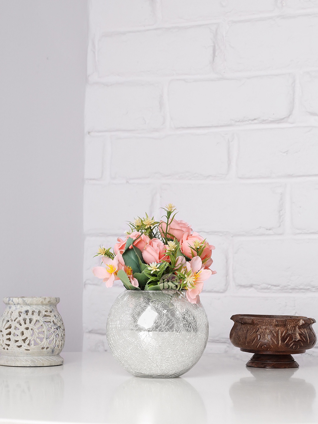 

BS AMOR Peach-Colored and Green Artificial Flowers and Plants With Glass Vase