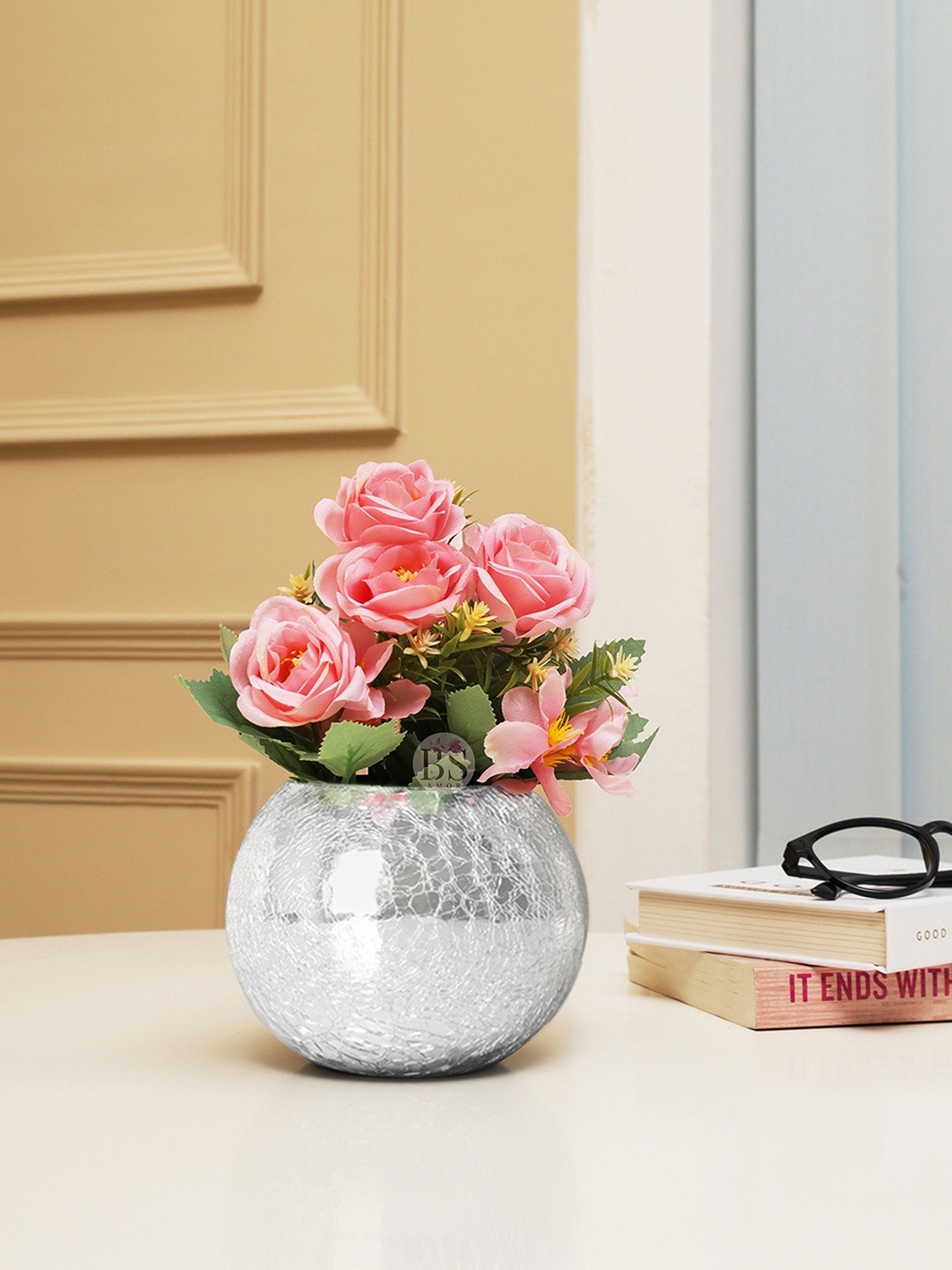 

BS AMOR Pink & Green Artificial Rose & Bonsai Flower Plant With Glass Vase