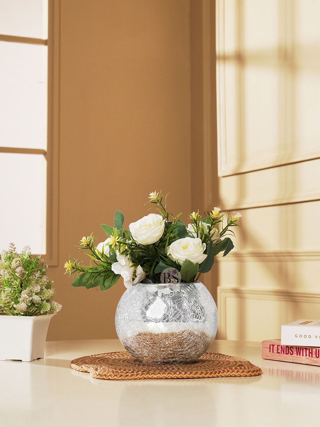 

BS AMOR White & Green Artificial Rose & Bonsai Flowers Plant With Glass Vase