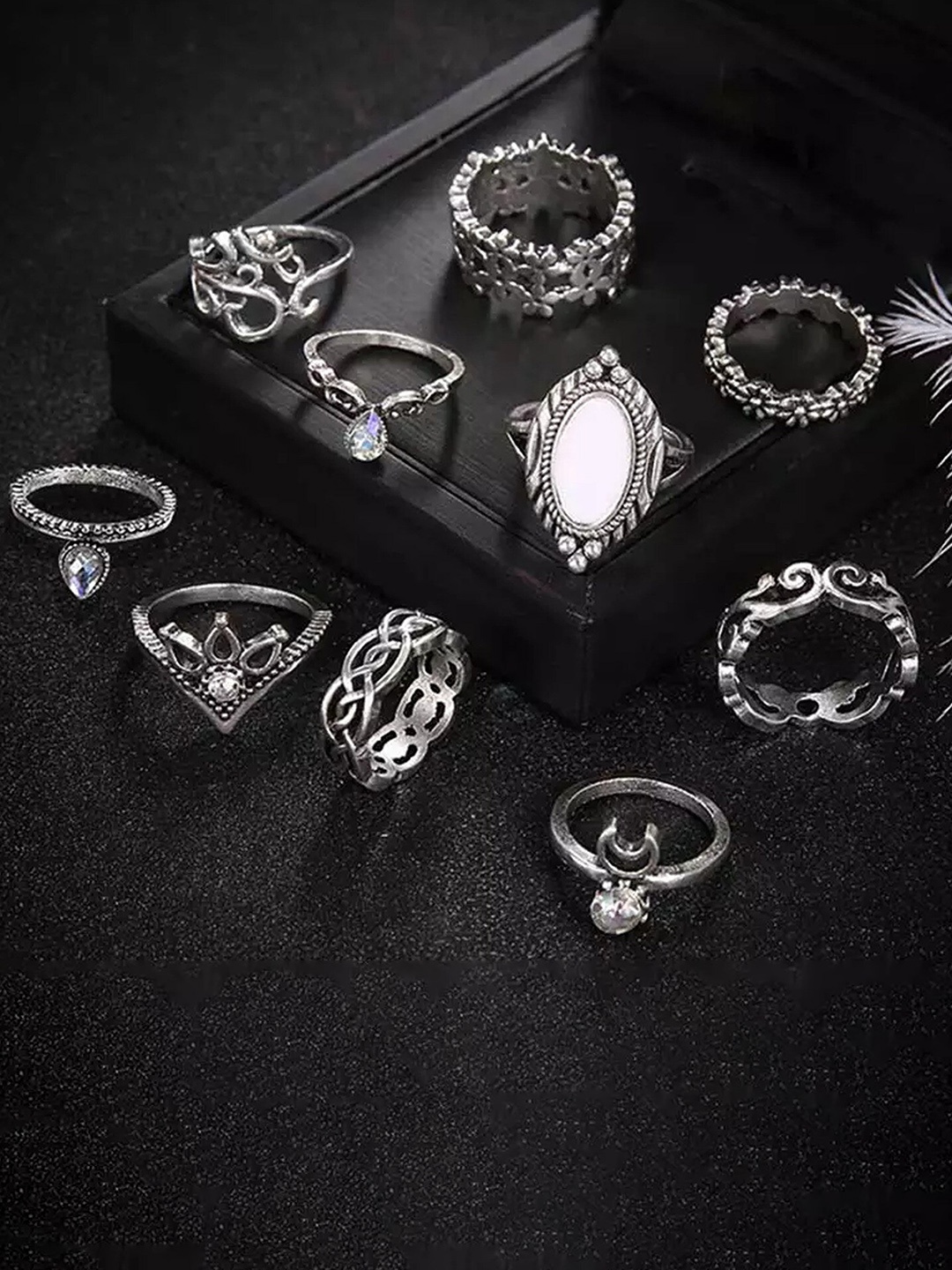 

Pinapes Set Of 10 Silver-Plated Oxidised Finger Ring