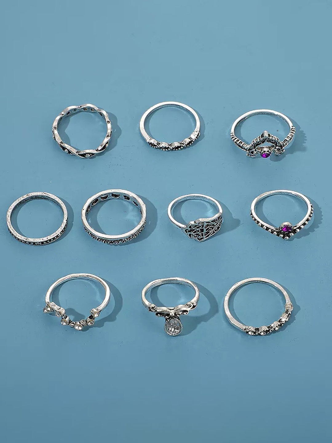 

Pinapes Set Of 10 Oxidised Silver-Plated Bohemian Adjustable Finger Rings