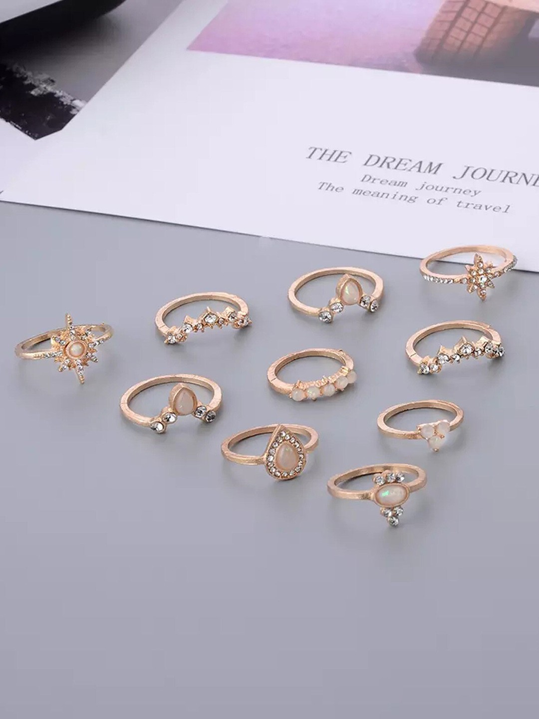 

Pinapes Set Of 10 Gold-Plated Stones & Beads Adjustable Finger Rings