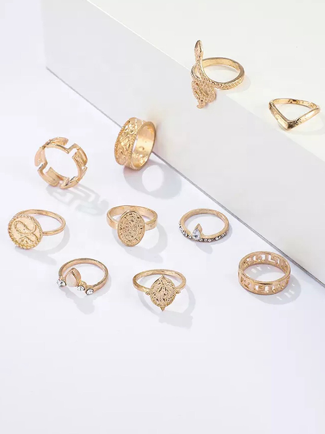 Pinapes Set Of 10 Gold-Plated Stone-Studded Finger Rings