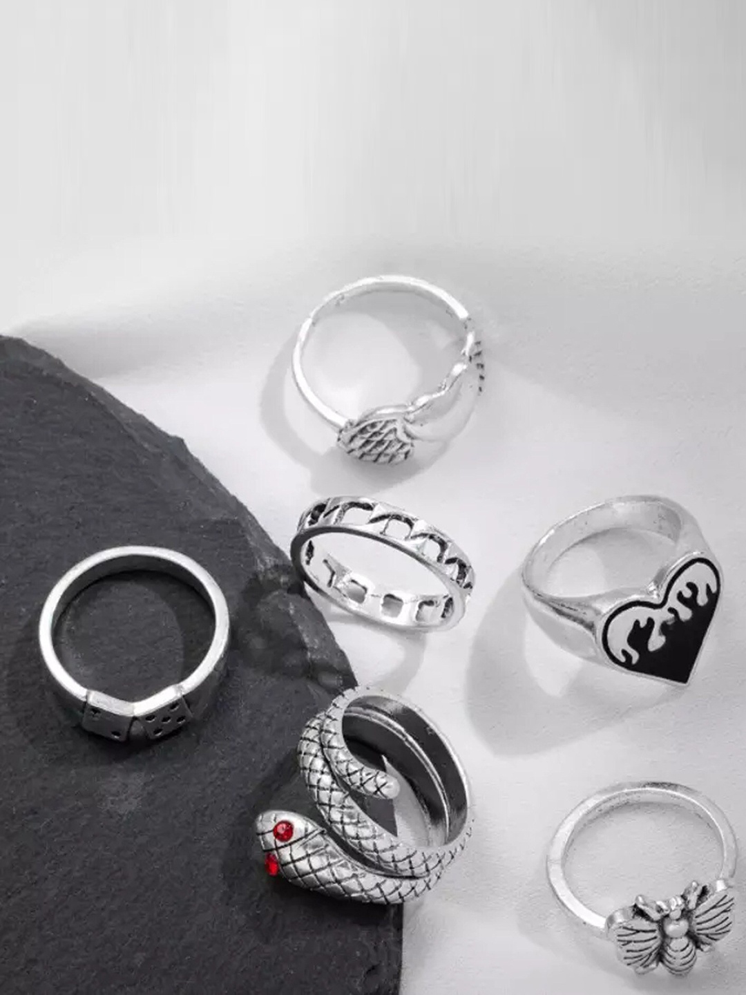 Pinapes Set Of 6 Oxidised Silver-Plated Bohemian Adjustable Finger Rings