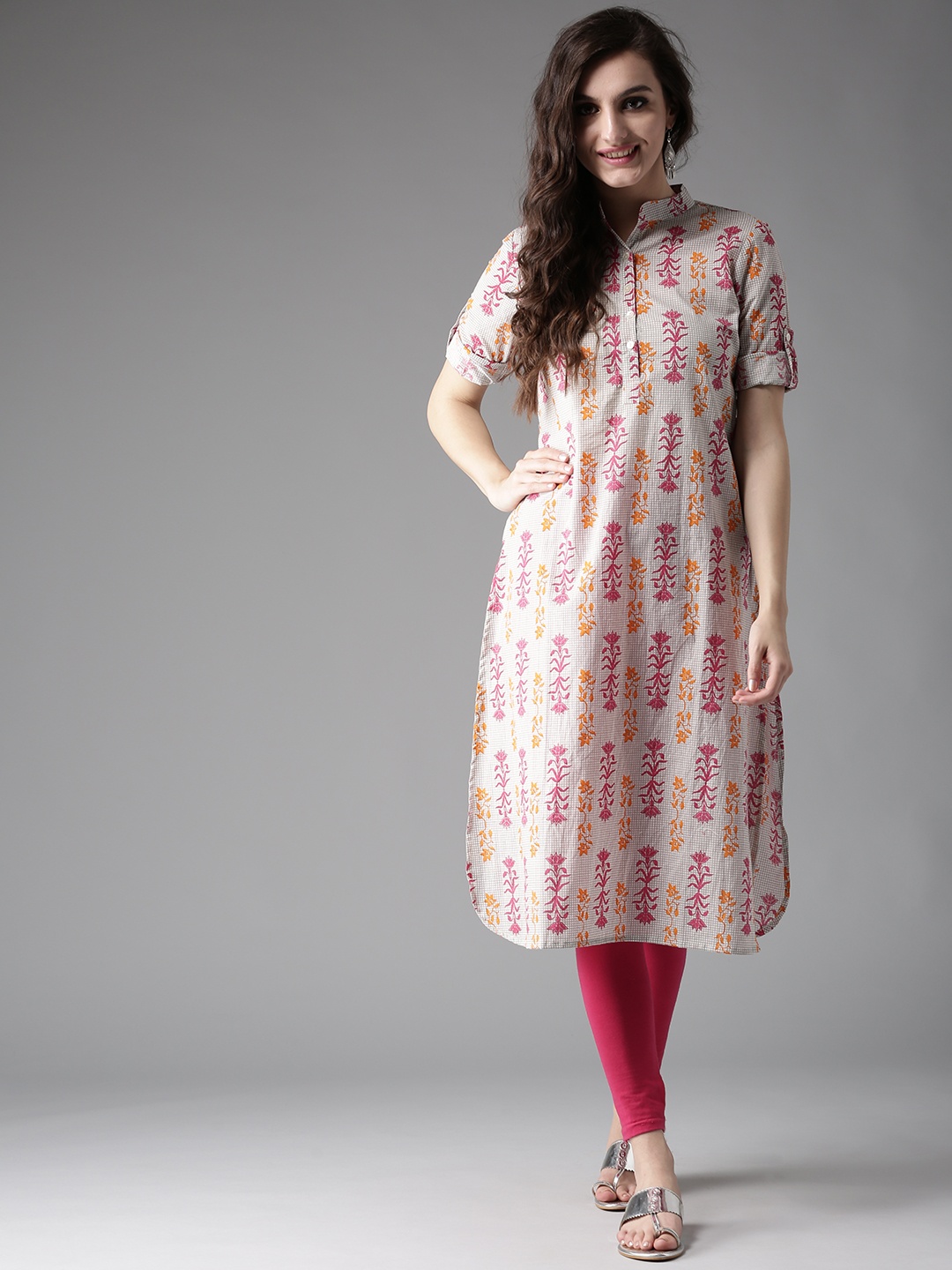 

HERE&NOW Women Grey & Pink Printed Straight Kurta