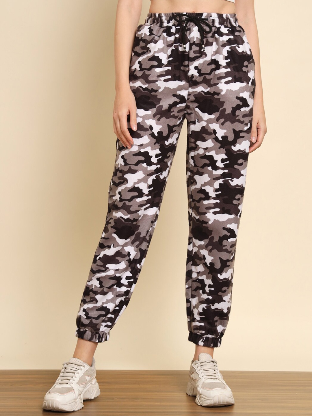 

Darzi Women Camouflage Printed Smart Joggers Trousers, Black