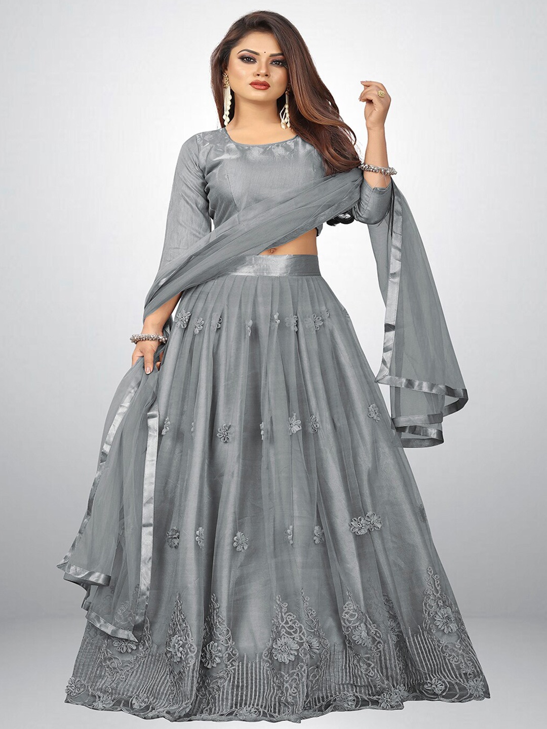 

FORKEY Thread Work Semi Stitched Lehenga & Blouse With Dupatta, Grey