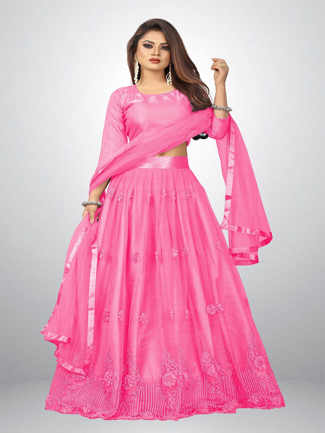 

FORKEY Thread Work Semi Stitched Lehenga & Blouse With Dupatta, Pink