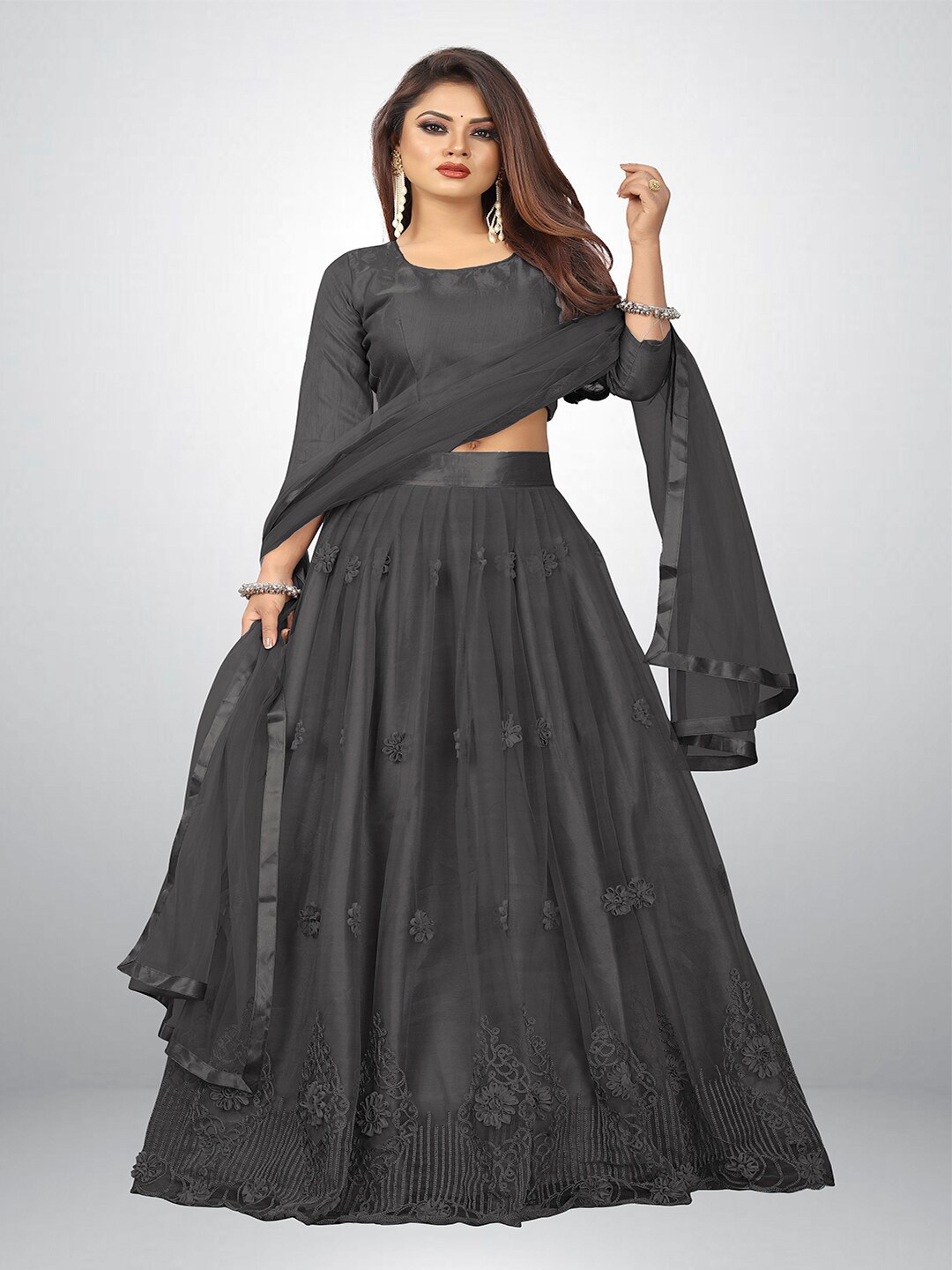 

FORKEY Black Sequinned Semi-Stitched Lehenga & Unstitched Blouse With Dupatta