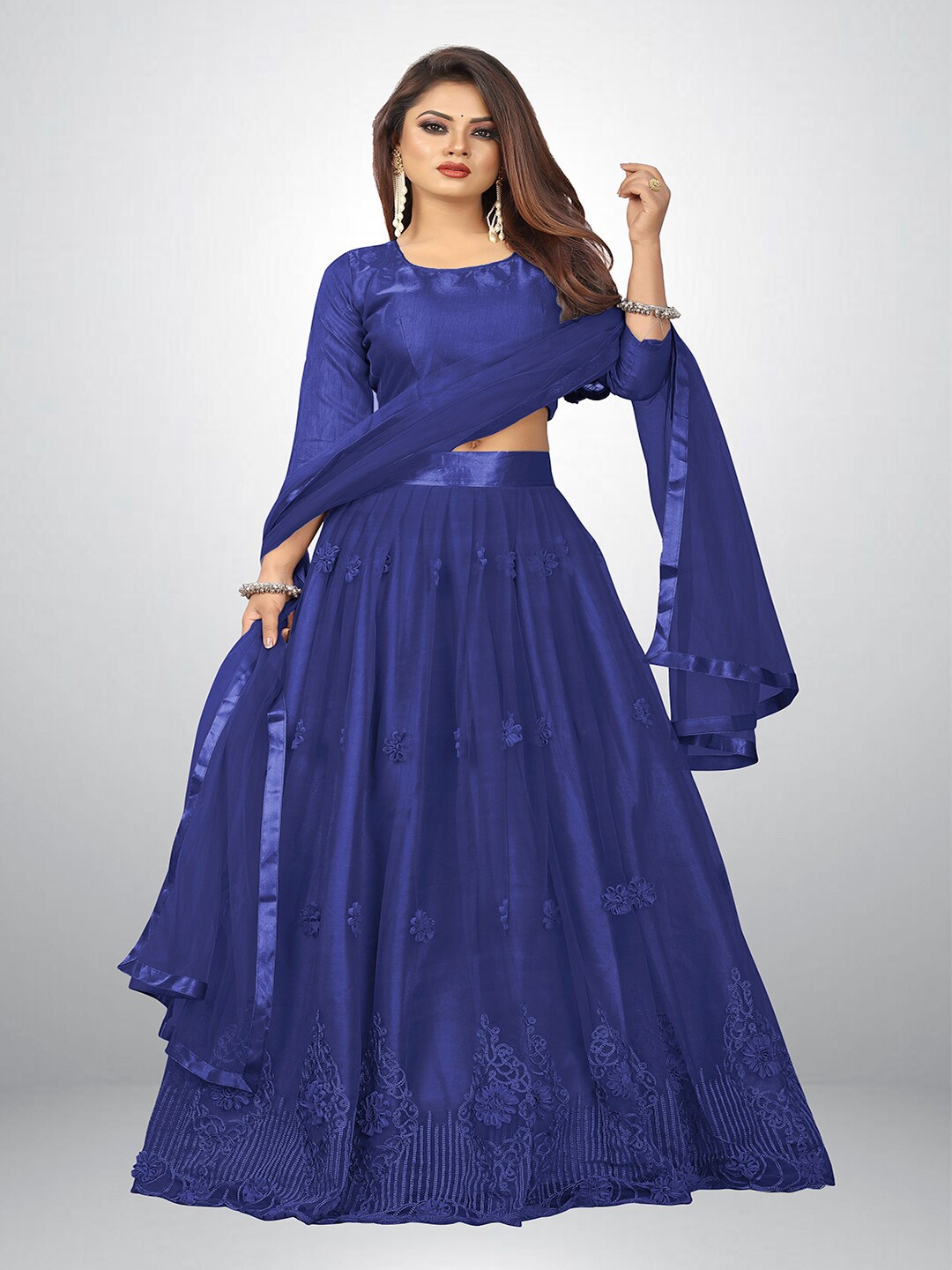 

FORKEY Thread Work Semi Stitched Lehenga & Blouse With Dupatta, Navy blue