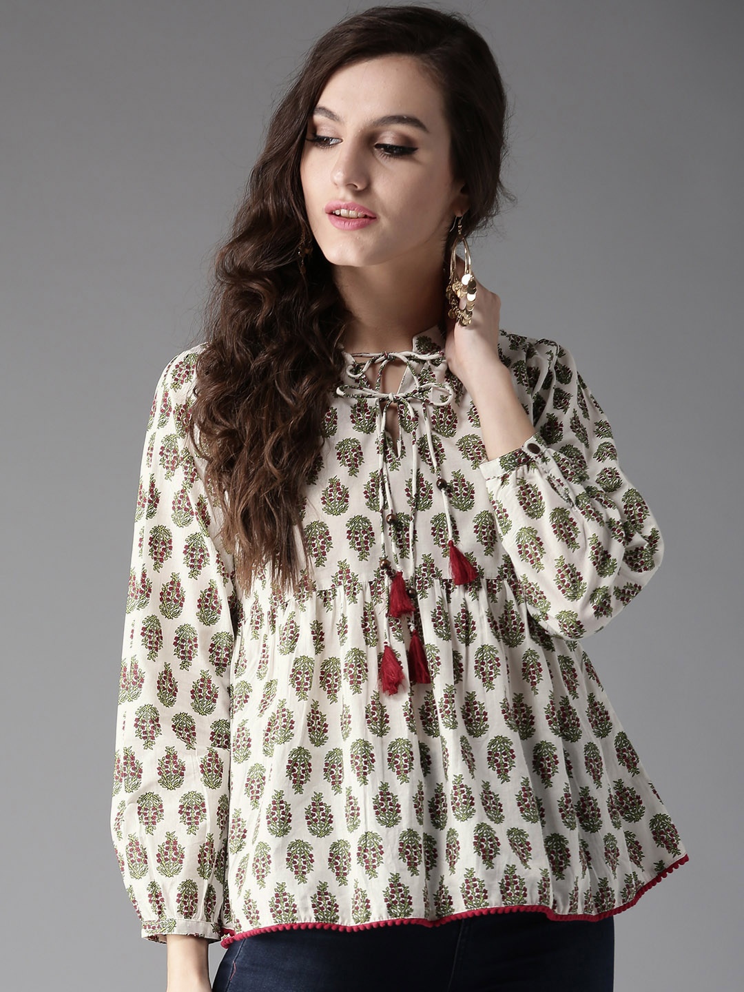 

HERE&NOW Women White & Green Printed A-Line Top