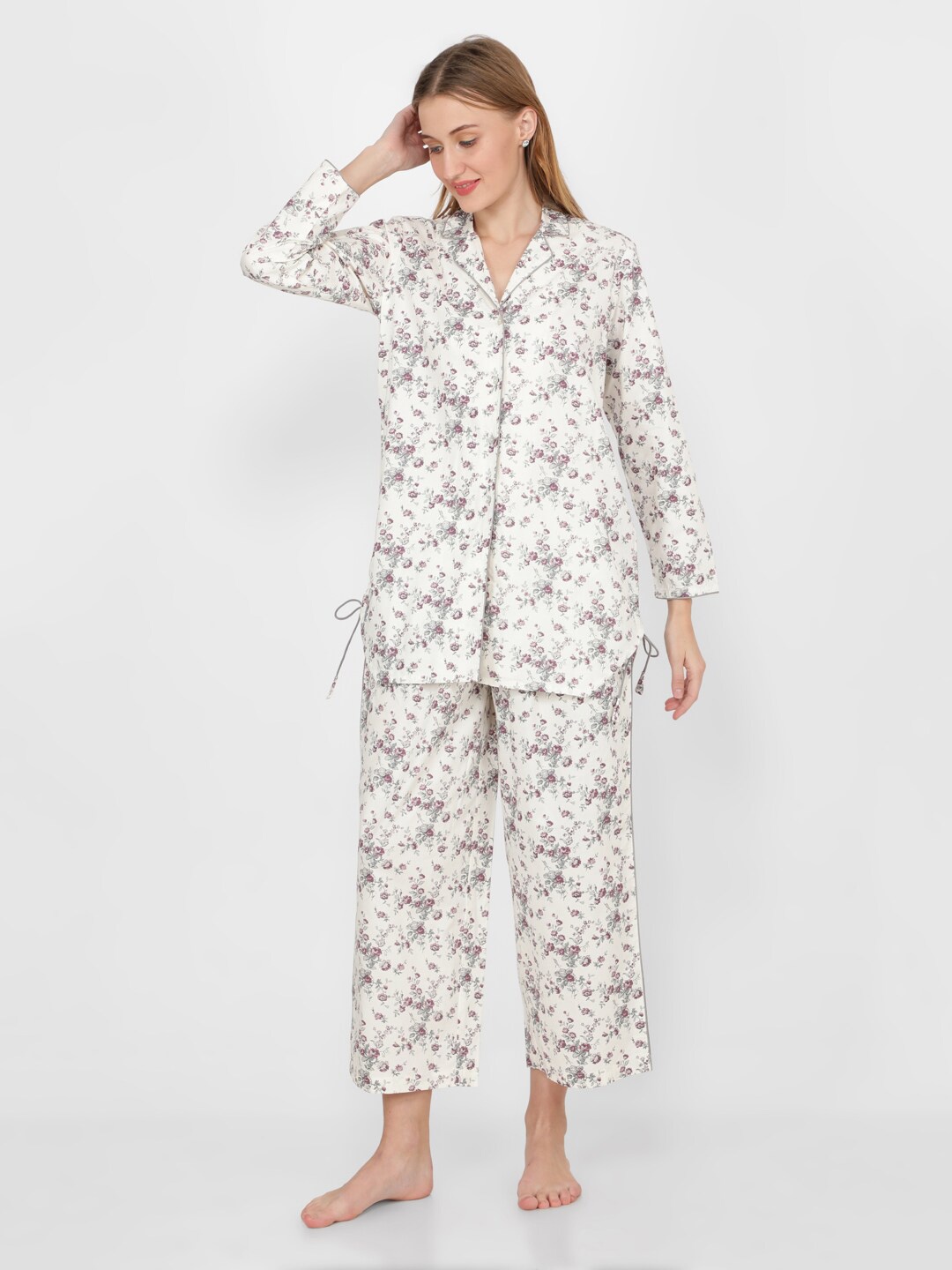 

NAVIYATA Women Printed Cotton Night suit, White