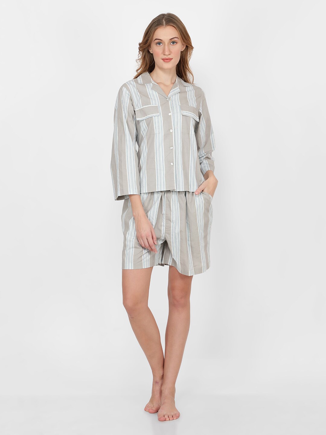 

NAVIYATA Women Striped Pure Cotton Night suit, Grey