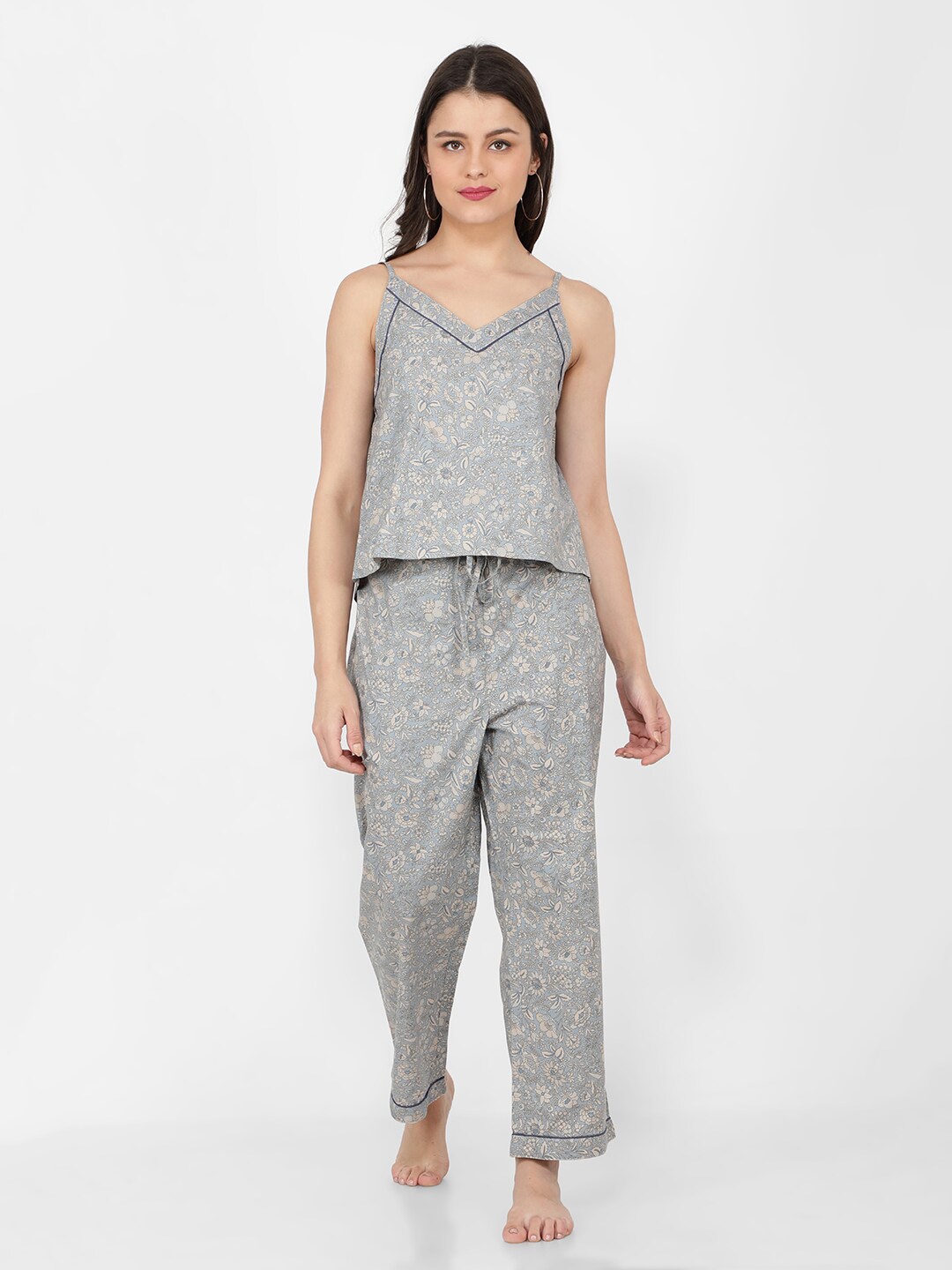 

NAVIYATA Women Floral Printed Pure Cotton Night suit, Grey
