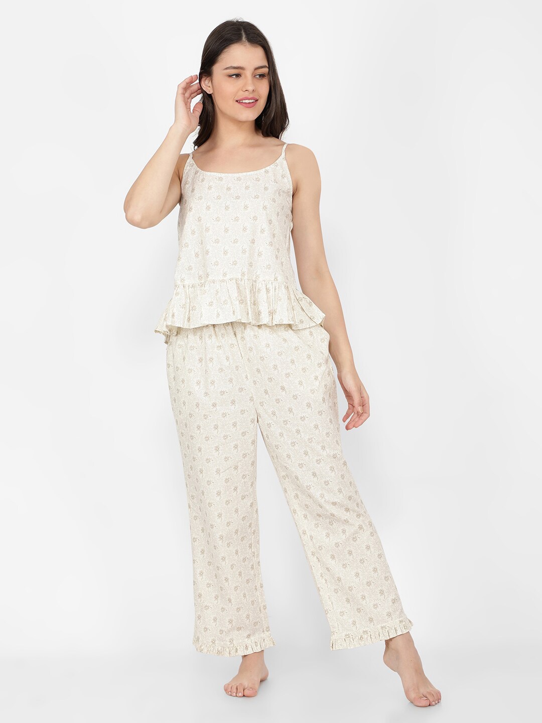 

NAVIYATA Women 2 Pieces Floral Printed Pure Cotton Top with Lounge Pant, Off white