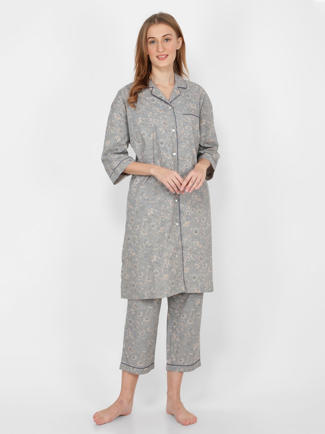 

NAVIYATA Women Printed Pure Cotton Night suit, Grey