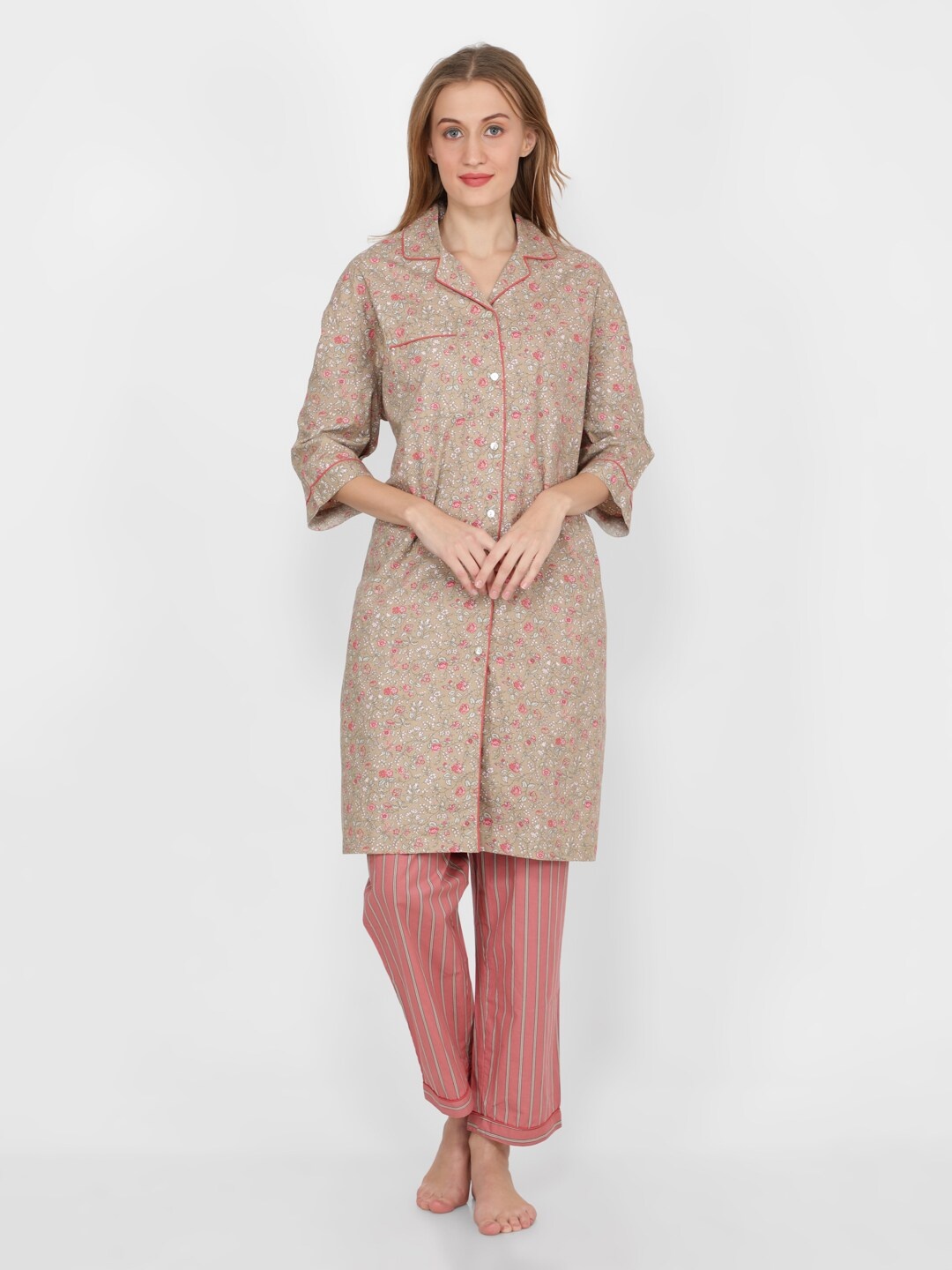 

NAVIYATA Women Printed Night Cotton Suit, Beige