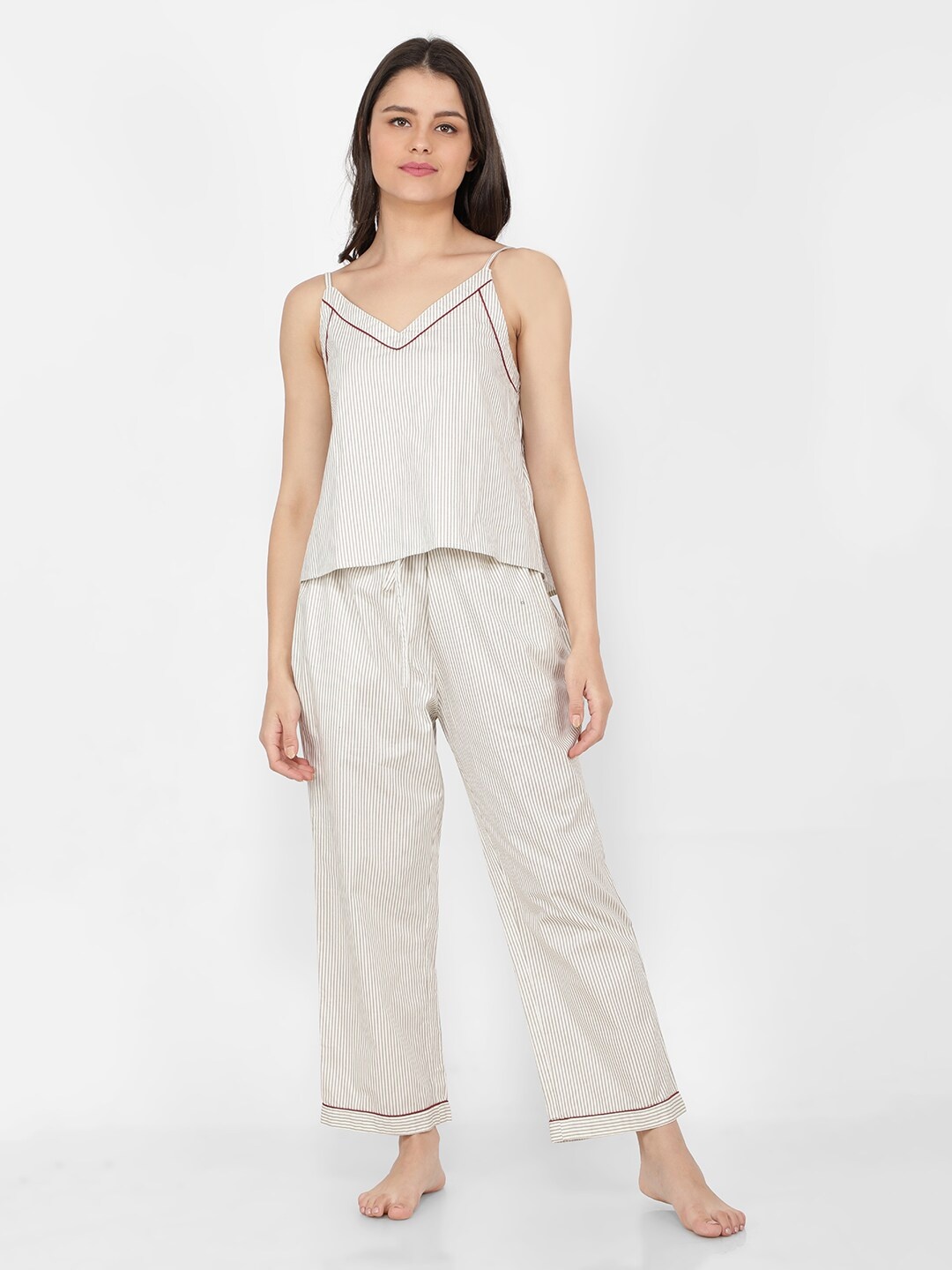

NAVIYATA Women 2 Pieces Striped Pure Cotton Top with Lounge Pants, White