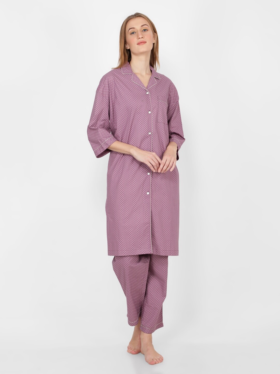 

NAVIYATA Women Pink & White Printed Night suit