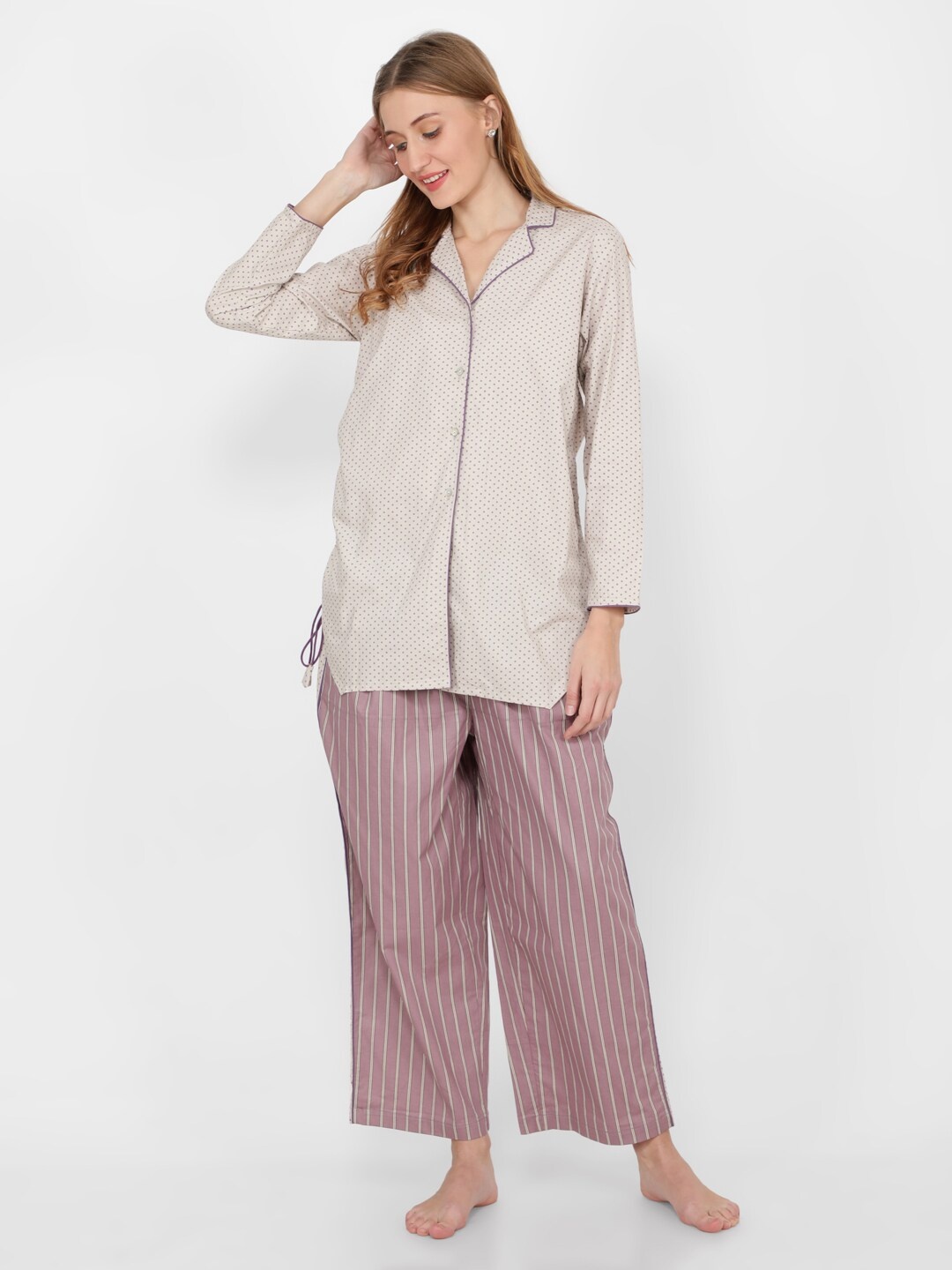 

NAVIYATA Women Cream-Coloured & Pink Printed Night suit