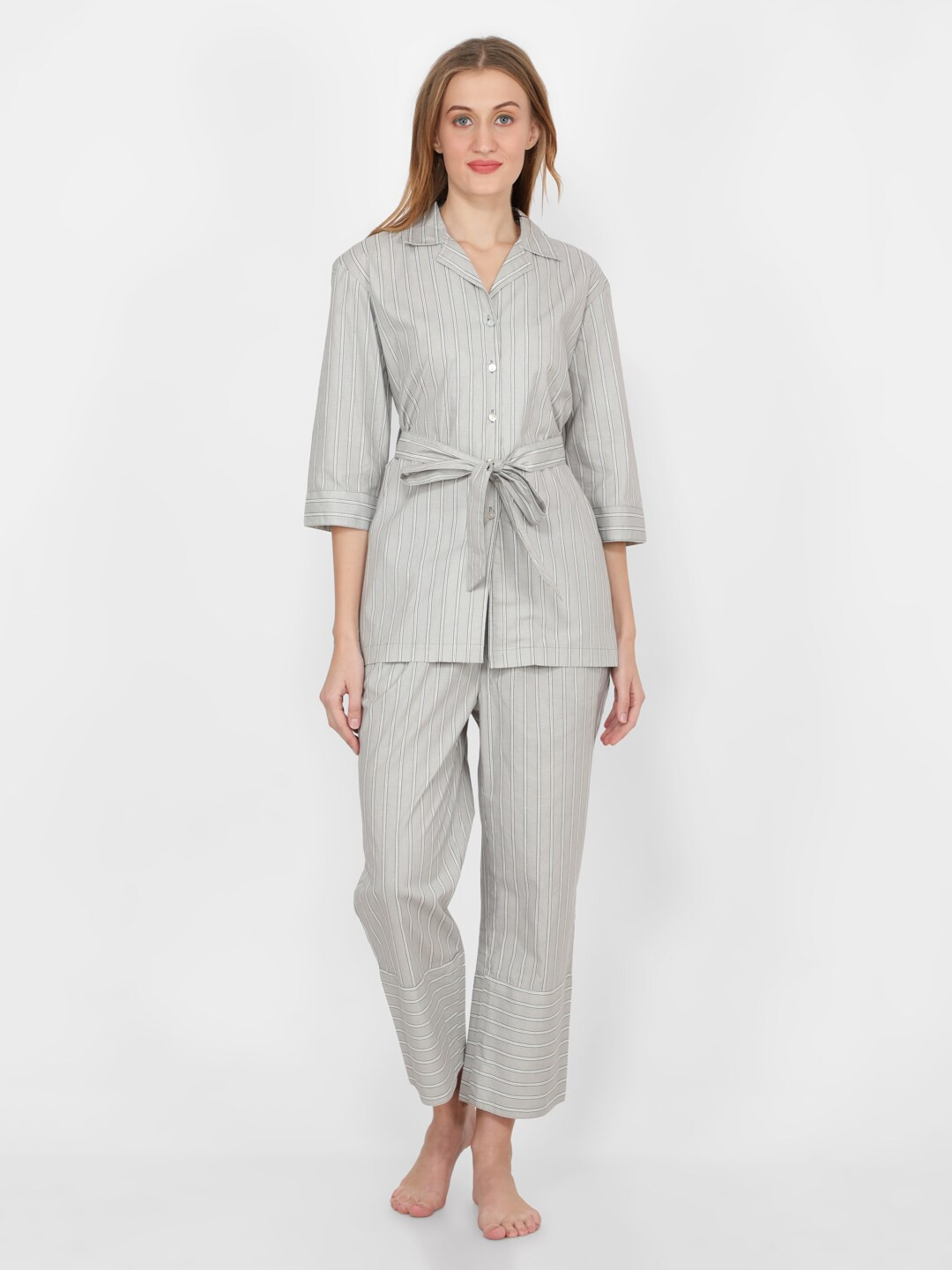 

NAVIYATA Women Striped Cotton Night Suit, Grey
