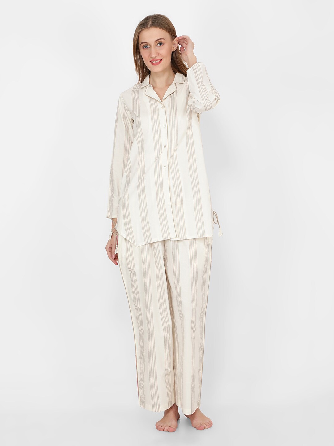 

NAVIYATA Women Striped Pure Cotton Night suit, Cream